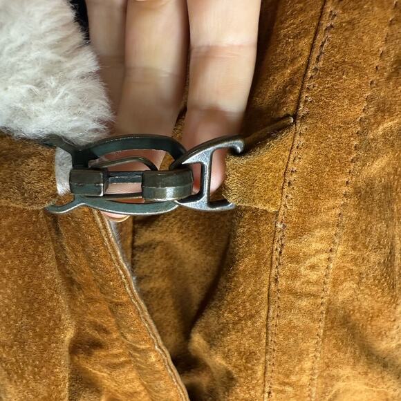 Y2K Brown Suede Fur Trim Lined Oversized Hooded Coat Womens Size XS Boho 70s - Picture 5 of 10